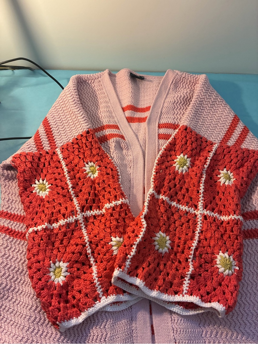 SHANNON PASSERO ‘Zhuri’ Pink and Red Knit Crochet Daisy Cardigan Sweater Medium